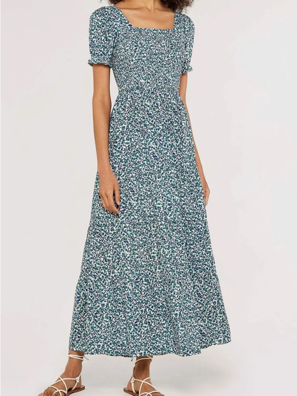 Floral Square-Neck Maxi Dress in Teal